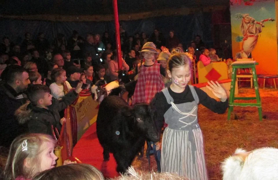 Kinder f&uuml;hren Ziegen auf dem Manegenrund